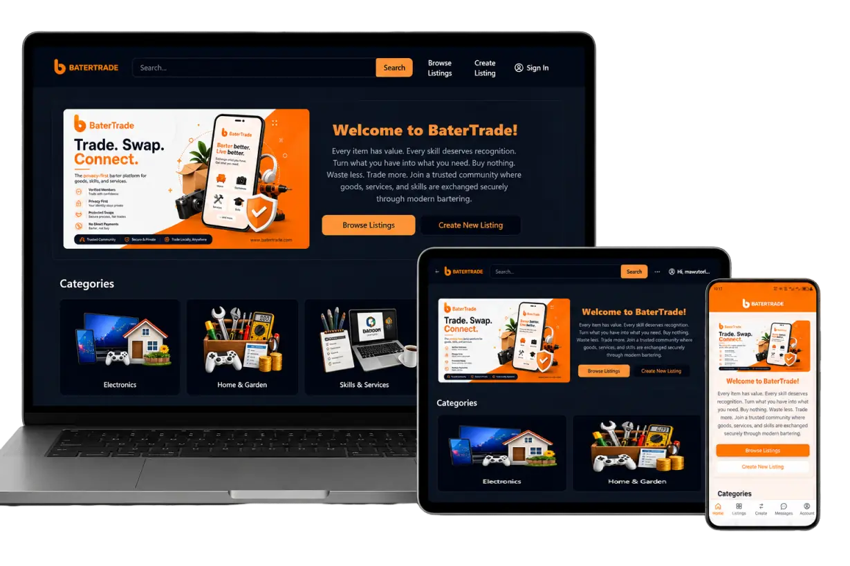 BaterTrade website and app interface previews